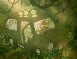 1girl abandoned boots braid branch broken_glass brown_hair car closed_eyes clothes clothes_hanger commentary creature creatures_(company) day english_commentary foliage game_freak gen_5_pokemon glass holding holding_creature holding_pokemon hug jungle leaf license_plate light_rays long_hair long_sleeves motor_vehicle nature nintendo outdoors petilil plant pokemon pokemon_(creature) rust scarf scenery seoby sitting snivy solo sunbeam sunlight vines wide_shot window
