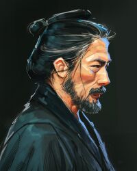 1boy beard black_eyes black_hair blue_robe facial_hair hair_bun hair_slicked_back highres male_focus original robe sam_yang sidelighting simple_background solo upper_body wrinkled_skin