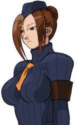 absurdres armband bengus black_armband breasts brown_eyes brown_hair double-parted_bangs game_cg garrison_cap hair_bun hat highres juli_(street_fighter) large_breasts leotard long_hair necktie non-web_source official_art orange_necktie parted_bangs portrait ribbed_leotard shadaloo_dolls simple_background single_hair_bun sleeved_leotard solo street_fighter street_fighter_zero_(series) upper_body white_background