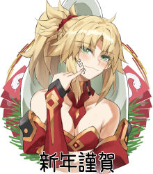 1girl 2025 absurdres bare_shoulders blonde_hair breasts cleavage commentary_request facepaint fang fate/apocrypha fate_(series) green_eyes highres medium_breasts mordred_(fate) mordred_(fate/apocrypha) ponytail short_hair simple_background smile solo tonee upper_body white_background