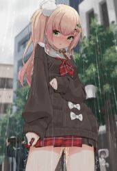 1girl absurdres blurry blurry_background blush bow bowtie breasts brown_bow brown_bowtie brown_cardigan cardigan commentary_request commission cowboy_shot green_eyes hair_between_eyes hair_ornament hairclip highres hololive long_hair long_sleeves miniskirt momosuzu_nene momosuzu_nene_(casual) neckerchief nose_blush outdoors parted_lips pee peeing peeing_self people pink_hair plaid_clothes plaid_neckerchief plaid_skirt pleated_skirt pom_pom_(clothes) pom_pom_hair_ornament public_indecency puffy_long_sleeves puffy_sleeves rain red_neckerchief red_skirt sailor_collar shirt side_ponytail skeb_commission skirt sleeves_past_wrists small_breasts solo_focus tearing_up tears trembling urabe_miyabi virtual_youtuber white_bow white_sailor_collar white_shirt