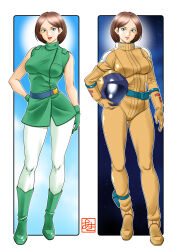 2girls aeug aki_(pixiv_87336387) ankle_holster belt boots breasts brown_hair commentary_request dual_persona emma_sheen gloves green_eyes gundam helmet highres holding holding_helmet military_uniform multiple_girls pilot_suit science_fiction signature space_helmet zeta_gundam