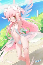 absurdly_long_hair anklet arm_behind_head armband armpits artist_name babydoll bow bush candy collarbone day dutch_angle falling_feathers feathers feet_out_of_frame food frilled_armband frilled_thigh_strap frills hair_bow highres holding holding_food holding_popsicle jewelry kaname_madoka long_hair mahou_shoujo_madoka_magica mahou_shoujo_madoka_magica_(anime) navel necklace outdoors panties pink_hair pink_wings popsicle transparent_wings signature solo standing thigh_strap two_side_up ultimate_madoka underwear vegetation very_long_hair white_babydoll white_feathers white_panties wings yanmaami yellow_eyes
