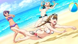 3girls ball barefoot beach_volleyball beachball bikini black_ribbon blonde_hair blue_sky breasts brown_hair cleavage closed_eyes cloud daitoku_junna day eyewear_on_head floating_hair frilled_bikini frills fukuda_tomonori full_body game_cg green_eyes hair_ribbon highres koujiro_frau long_hair multiple_girls navel ocean official_art open_mouth outstretched_arms panties purple_bikini ribbon robotics;notes robotics;notes_dash ruffle_bikini short_hair side-tie_panties sideboob sky small_breasts standing sunglasses swimsuit tennouji_nae twintails underwear white-framed_eyewear white_bikini
