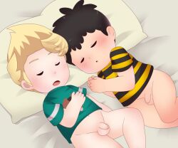 bed black_hair blonde_hair blush bottomless child elementary_schoolboy groin legs lucas_(mother_3) mother_(series) mother_2 mother_3 ness_(mother_2) nintendo no_male_underwear no_shorts on_bed penis pillow shirt shota sjsj_10 sleeping super_smash_bros. testicles