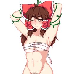 1girl bdsm bondage bound bow breasts brown_eyes brown_hair chest_sarashi frilled_bow frills hair_bow hair_tubes hakurei_reimu hanaarts medium_hair midriff navel one_eye_closed plant pubic_hair pubic_hair_peek red_bow sarashi simple_background small_breasts standing stomach sweat thick_eyebrows touhou white_background