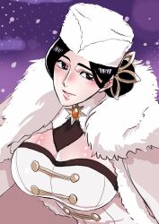 1girl anno_im black_eyes black_hair bleach bleach:_brave_souls breasts cape cleavage coat coat_dress dress fur-trimmed_cape fur-trimmed_coat fur_collar fur_hat fur_trim hair_bun hair_ornament hat jacket jewelry large_breasts looking_at_viewer mature_female night official_alternate_costume shiny_skin smile snow snowing solo solo_focus strapless unohana_retsu ushanka white_cape white_dress