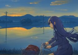 Rule 34 | 1girl, bag, bag charm, bicycle, blue eyes, blue hair, blue shirt, blue skirt, brown bag, cat charm, cevio, charm (object), cloud, commentary request, dusk, from side, futaba minato, hair ornament, hairpin, highres, long hair, long sleeves, mountain, mountainous horizon, official alternate costume, outdoors, petrasche (kunio miracle), pleated skirt, power lines, profile, reflection, riding, riding bicycle, school uniform, shirt, skirt, sky, solo, twilight, utility pole