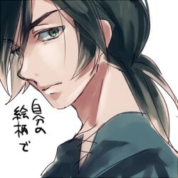Rule 34 | alternate skin color, black hair, close-up, closed mouth, fakir (princess tutu), frown, green eyes, looking at viewer, low ponytail, lowres, male focus, oppaisagara, ponytail, princess tutu, solo, white background