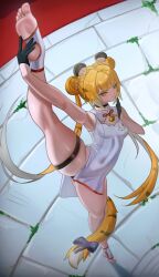 1girl absurdres alternate_costume alternate_hairstyle animal_ears blonde_hair double_bun gloves green_eyes hair_bun highres ju_fufu long_hair long_legs looking_at_viewer puppnet soles stirrup_legwear tail tiger_ears tiger_girl tiger_tail toeless_legwear toes zenless_zone_zero