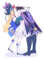 1boy 1girl absurdres blonde_hair blue_hair brant_(wuthering_waves) closed_eyes curly_hair dress full_body highres hug long_hair long_sleeves nomiyato open_mouth pants phoebe_(wuthering_waves) smile white_background white_dress wuthering_waves