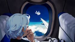 1girl absurdres airplane_interior astronaut blue_hair blue_nails cloud commentary drinking_straw earrings falling glaw helmet highres jewelry original short_hair sitting space_helmet spacesuit