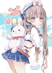 1girl :/ animal_bag animal_ear_fluff animal_ears blue_bow blue_sailor_collar blue_skirt blush bow closed_mouth commentary cowboy_shot crab crop_top fish_skeleton from_behind hair_bow hair_ornament hat highleg highleg_panties highres leaning_forward light_brown_hair long_hair long_sleeves looking_at_viewer miniskirt original panties pleated_skirt puffy_long_sleeves puffy_sleeves purple_eyes rabbit_bag rabbit_ears rabbit_girl rainbow sailor_collar sailor_hat signature skirt solo star_(symbol) symbol-only_commentary toma_tokage turning_head twintails underwear very_long_hair white_hat