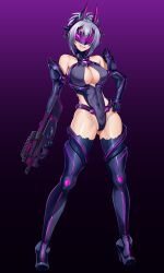 1girl absurdres alternate_breast_size aoi_tabane bare_shoulders boots breasts bullpup cleavage cleavage_cutout clothing_cutout commission corruption covered_erect_nipples covered_navel dark_persona elbow_gloves evil_smile full_body gloves gluteal_fold gradient_background grey_hair grin gun hand_on_own_hip harold_japan head-mounted_display high_heel_boots high_heels highleg highleg_leotard highres holding holding_gun holding_weapon impossible_clothes impossible_leotard kampfer kouyoku_senki_exs-tia large_breasts large_variant_set leotard mask mind_controlled_exs-tia p90 personal_defense_weapon purple_background senou_natsuru short_hair skeb_commission smile solo standing submachine_gun teeth thigh_boots thighhighs variant_set weapon