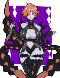 Rule 34 | 1girl, absurdres, black thighhighs, breasts, cleavage, clothing cutout, colored skin, dagger, earrings, elbow gloves, female focus, fingerless gloves, fire emblem, fire emblem: three houses, fire emblem warriors, fire emblem warriors: three hopes, gloves, goth fashion, grey skin, hair over one eye, highres, holding, holding dagger, holding knife, holding weapon, jewelry, knife, kronya (fire emblem), large breasts, licking lips, looking at viewer, multiple tails, nail polish, navel, navel cutout, nintendo, orange hair, pale skin, pink eyes, purple background, shock and roll, short hair, solo, tail, tattoo, teardrop tattoo, thick thighs, thighhighs, thighs, tongue, tongue out, underboob, underboob cutout, weapon, white background, white skin, wide hips