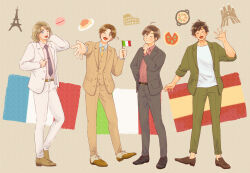 4boys axis_powers_hetalia brown_background brown_hair brown_jacket brown_suit colosseum eiffel_tower flag food formal_clothes france_(hetalia) french_flag full_body green_eyes green_jacket green_pants highres holding holding_flag italian_flag jacket long_sleeves macaron multiple_boys nana_(nana5177) necktie northern_italy_(hetalia) one_eye_closed open_mouth paella pants pasta pizza purple_necktie sagrada_familia shirt simple_background smile southern_italy_(hetalia) spaghetti spain_(hetalia) spanish_flag suit white_jacket white_pants white_shirt yellow_necktie