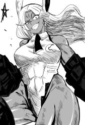 1girl abs boku_no_hero_academia breasts dark-skinned_female dark_skin drawgatha facial_scar grin highleg highleg_leotard leotard long_hair looking_at_viewer mirko monochrome muscular muscular_female rabbit_ears rabbit_girl scar scar_on_cheek scar_on_face smile solo teeth thick_thighs thighs white_hair