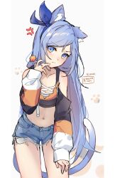 1girl anger_vein animal_ear_fluff animal_ears annoyed artist_name bae_minah_(chaesu) blue_eyes blue_hair blue_shorts blush borrowed_character candy cat_ears cat_girl cat_tail crop_top cutoffs dated denim denim_shorts detached_sleeves food grey_background hand_on_own_thigh hand_to_own_mouth highres kobutanori leaning_forward lollipop long_hair looking_at_viewer midriff navel original ribbon shirt short_shorts shorts signature simple_background solo tail thighs