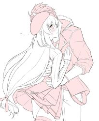 1boy 1girl absurdres agnes_claudel arms_around_waist ass beret blush bracelet breasts couple cowboy_shot eiyuu_densetsu fur-trimmed_jacket fur_trim hair_between_eyes hand_on_another&#039;s_chest hat hetero highres hug jacket jewelry kai_no_kiseki kuro_no_kiseki_(series) long_hair low-tied_long_hair medium_breasts monochrome pleated_skirt senya8833 short_hair sketch skirt tears thighhighs upskirt van_arkride white_background
