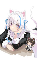 Rule 34 | 1girl, absurdres, apron, black dress, blunt bangs, blush, cat tail, character request, colored inner hair, dress, frilled apron, frilled dress, frills, hair ornament, hand on own face, highres, leaning on table, lize helesta, long hair, long sleeves, looking at viewer, looking up, maid, maid apron, maid headdress, multicolored hair, nijisanji, puffy sleeves, purple eyes, solo, tail, terea236565905, two-tone hair, virtual youtuber, white apron, white background, white hair