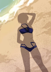1girl absurdres arm_up asaka_karin beach bikini blue_bikini box_wonderland day dressed_shadow_(meme) highres love_live! love_live!_nijigasaki_high_school_idol_club meme outdoors sand shadow solo swimsuit water