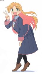 Rule 34 | 1girl, arched back, artist name, bambi2000line, black jacket, black pantyhose, black skirt, blush, brown shoes, commentary, cosplay, from side, full body, green eyes, hand on own knee, highres, jacket, leaning forward, loafers, long hair, long sleeves, looking at viewer, neck ribbon, orange hair, oyama mahiro, oyama mahiro (cosplay), pantyhose, pleated skirt, ribbon, ruri no houseki, school uniform, shoes, simple background, skirt, solo, tanigawa ruri, tiptoes, v, white background, wing collar