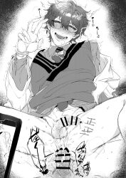 Rule 34 | 2boys, anal, cellphone, collared shirt, cum, cum in ass, gagake v, glasses, gloves, greyscale, highres, holding, holding phone, leos vincent, leos vincent (1st costume), male focus, monochrome, multiple boys, necktie, nijisanji, penis, phone, protected link, shirt, short hair, smile, spread legs, sweater vest, tally, teeth, testicles, tie clip, virtual youtuber, yaoi