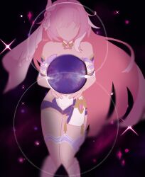 1girl bare_shoulders black_shorts corset elysia_(herrscher_of_human:_ego)_(honkai_impact) elysia_(honkai_impact) hashtag-only_commentary highres holding_planet honkai_(series) honkai_impact_3rd long_hair nanakoio no_eyes pink_hair short_shorts shorts solo space star_(sky) thigh_strap triquetra veil very_long_hair white_corset white_veil