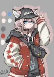 Rule 34 | 1girl, absurdres, adjusting clothes, adjusting headwear, animal ears, arknights, arm up, black choker, black hat, blue eyes, blush, buttons, chinese commentary, choker, closed mouth, clothes writing, collarbone, color guide, commentary request, cross, dated, drawstring, drop shadow, earrings, ears through headwear, emoji, greek cross, grey background, hair between eyes, hand in pocket, hat, highres, hood, hood down, hooded jacket, jacket, jewelry, material growth, official alternate costume, open clothes, open jacket, oripathy lesion (arknights), peaked cap, pink hair, red jacket, short hair, sleeves past wrists, solo, sussurro (arknights), sussurro (travel freely) (arknights), unbuttoned, unbuttoned jacket, white sleeves, xingyun mantle