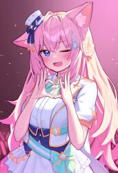1girl 4-finger_heart_hands ;d absurdres animal_ears blue_eyes commentary_request deaver fox_ears fox_girl gradient_background hakui_koyori hat heart_hand heart_hands highres hololive idol idol_clothes mini_hat one_eye_closed open_mouth pink_background short_sleeves smile solo virtual_youtuber white_hat