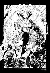 Rule 34 | &gt;:(, alice (sinoalice), belt, black thighhighs, blood, blood on clothes, blood on face, branch, breasts, cleavage, cleavage cutout, closed mouth, clothing cutout, commentary, convenient leg, dress, english commentary, fire, foot up, hairband, high heels, highres, himiko (326ontheweb), holding, holding sword, holding weapon, monochrome, novel illustration, official art, roman numeral, shoe soles, short hair, signature, sinoalice, standing, standing on one leg, sword, thighhighs, third-party source, v-shaped eyebrows, weapon