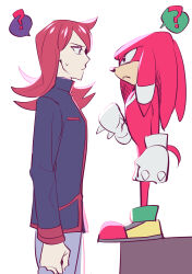2b_(ivy_vs_) 2boys ? absurdres clenched_hands crossover furry furry_male gloves highres knuckles_the_echidna looking_at_another male_focus multiple_boys nintendo pokemon pokemon_hgss red_hair silver_(pokemon) sonic_(series) standing white_gloves