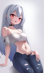 1girl absurdres arm_support artist_request bare_shoulders black_choker black_panties blue_pants breasts choker commission cowboy_shot grey_background grey_hair highres long_hair looking_at_viewer navel o-ring o-ring_choker open_mouth original panties pants red_eyes second-party_source small_breasts solo stomach tongue tongue_out torn_clothes torn_pants underwear