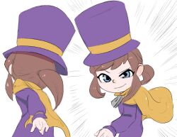 1girl a_hat_in_time blue_eyes brown_hair cape closed_mouth commentary english_commentary gachimuchi hat hat_kid highres jacket long_sleeves looking_at_viewer medium_hair meme multiple_views ponytail purple_hat purple_jacket ricardo_milos simple_background smile spicy_bardo top_hat upper_body white_background yellow_cape zipper_pull_tab