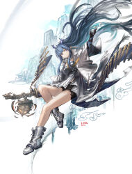 Rule 34 | 1girl, absurdres, arknights, arm ribbon, artist name, black gloves, black shorts, blue hair, blue horns, blue ribbon, boots, character name, closed mouth, commentary, detached collar, dragon girl, dragon horns, dragon tail, dress, franlol, full body, gloves, highres, horns, jacket, lace-up boots, ling (arknights), long hair, necktie, open clothes, open jacket, pointy ears, purple eyes, ribbon, shorts, smile, solo, tail, white background, white boots, white dress, white jacket, yellow necktie