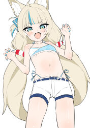 1girl absurdres ahoge animal_ears bare_arms bare_shoulders belt bikini blonde_hair blue_bikini blue_eyes blue_hair blue_nails blunt_bangs blush cat_ears claw_pose commentary_request cowboy_shot fangs flat_chest flat_color hageashi highres indie_virtual_youtuber long_hair looking_at_viewer low_twintails multicolored_hair navel open_mouth panty_straps sameko_saba short_shorts shorts simple_background sketch smile solo stomach streaked_hair swimsuit tsurime twintails two-tone_hair unfinished v-shaped_eyebrows very_long_hair virtual_youtuber white_background white_shorts