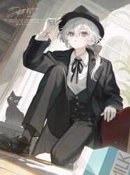 1boy black_cat black_hat black_pants bookshelf bow bowtie cat fedora_hat formal_clothes gloves grey_eyes hat hat_tip highres indoors loafers messy_hair milk_carton namiki_itsuki neck_ribbon original pants plant ribbon shoes short_hair signature silhouette_cat sitting solo suit vest watermark white_gloves white_hair window