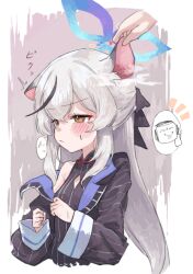 1boy 1girl ^_^ animal_ears black_coat black_ribbon blue_archive blush border breasts chibi chibi_inset cleavage_cutout closed_eyes closed_mouth clothing_cutout coat commentary_request cropped_torso diamond_cutout doodle_sensei_(blue_archive) dress ear_lift embarrassed frown furrowed_brow grey_hair hair_ribbon half-closed_eyes half_updo halo kokona_(blue_archive) long_hair long_sleeves looking_ahead off_shoulder open_clothes open_coat orange_eyes outside_border pink_background pinstripe_coat pinstripe_dress pinstripe_pattern ribbon sensei_(blue_archive) shimeji_take single_bare_shoulder single_ear_down sleeveless sleeveless_dress small_breasts solo_focus steaming_body thumbs_up upper_body white_border