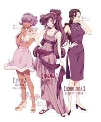 3girls absurdres black_hair breasts brown_eyes brown_hair character_name cleavage collarbone commentary_request copyright_name creatures_(company) crossover dark-skinned_female dark_skin dress earrings eyelashes game_freak gloves hand_on_own_hip hand_up hercules_(1997_film) highres instagram_logo instagram_username jacket jewelry lipstick long_hair looking_at_viewer makeup megara_(disney) meitantei_conan mizala multicolored_hair multiple_crossover multiple_girls necklace nintendo open_mouth pokemon pokemon_sv ponytail purple_hair shirt smile souda_ikumi standing tiktok_logo tiktok_username toes tulip_(pokemon) twitter_username twitter_x_logo white_background