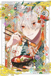 1boy 2023 border bowl chopsticks commentary earrings flower food gold_ring grey_hair hair_flower hair_ornament happy_new_year highres holding holding_bowl holding_chopsticks jewelry light_smile looking_at_viewer male_focus new_year orange_eyes orange_nails original pale_skin shira_mame93 solo soup steam tassel tassel_earrings white_hair zouni_soup