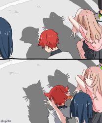 2boys 2girls asanaka_yomogi back black_hair black_skirt blush brown_hair cat_shadow_puppet_(meme) collared_shirt couple gridman_universe gridman_universe_(movie) hetero hibiki_yuuta highres himagosan long_hair meme minami_yume multiple_boys multiple_girls pants pleated_skirt red_hair road scar scar_on_leg school_uniform scrunchie shadow shadow_puppet shirt shoes short_hair short_sleeves skirt sneakers sweater takarada_rikka white_shirt wrist_scrunchie