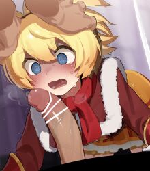 1boy 1girl @_@ absurdres bar_censor blonde_hair blue_eyes blush censored erection fur-trimmed_jacket fur_trim hands_on_another&#039;s_head hetero highres imminent_irrumatio jacket megido72 mizumizuni penis red_jacket red_scarf scarf shax_(megido72) sweat
