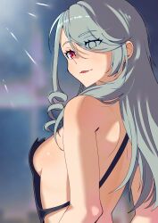1girl absurdres bare_back bare_shoulders black_dress breasts covered_erect_nipples dress from_behind gjh grey_hair highres lips long_hair niijima_sae persona persona_5 persona_5_the_royal red_eyes red_lips shoulder_blades sideboob small_breasts solo swept_bangs upper_body