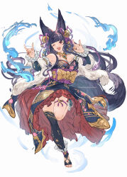 1girl absurdres animal_ears bare_shoulders bell black_hair double_fox_shadow_puppet erune fox_ears fox_girl fox_shadow_puppet fox_tail granblue_fantasy hair_bell hair_ornament hibana_(hibana_ztlv) highres japanese_clothes kimono long_hair obi one_eye_closed open_mouth red_eyes sash single_thighhigh tail thigh_strap thighhighs toeless_legwear yuel_(granblue_fantasy)