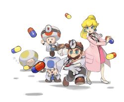 1girl 4boys :o arm_up blonde_hair blue_eyes blue_necktie blue_toad_(mario) brown_footwear brown_hair clenched_hand closed_eyes closed_mouth coat collared_shirt commentary dr._mario dr._mario_(game) dr._mario_world dr._peach dr._toad_(mario) earrings english_commentary eyelashes facial_hair glasses gloves grey_pants head_mirror high_heels high_ponytail holding holding_pill jewelry lab_coat lips long_hair long_sleeves lying mario mario_(series) multiple_boys mustache necktie nintendo on_side open_clothes open_coat open_mouth outstretched_arm pants pencil_skirt pill pink_coat pink_skirt ponytail princess_peach red_necktie red_toad_(mario) rinabee_(rinabele0120) round_eyewear shirt shirt_tucked_in shoes short_hair sidelocks simple_background skirt sleeping smile sphere_earrings standing stethoscope toad_(mario) u_u white_background white_coat white_footwear white_gloves white_shirt yellow_necktie yellow_toad_(mario) zzz