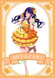 1girl :q absurdres bare_shoulders blush bow dress flower food fruit hair_between_eyes hair_flower hair_ornament high_heels highres holding holding_food holding_fruit hoshino_ai long_hair looking_at_viewer mango multicolored_hair official_art one_eye_closed orange_bow orange_dress oshi_no_ko pink_eyes pink_hair purple_eyes purple_hair shoes simple_background smile solo star-shaped_pupils star_(symbol) symbol-shaped_pupils tongue tongue_out white_background yellow_shoes