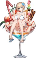1girl bikini blonde_hair blue_eyes blunt_bangs breasts brown_dust_(series) brown_dust_2 cocktail_glass cup drinking_glass drinking_straw flower food fruit game_cg hair_flower hair_ornament hands_up highres holding holding_food holding_ice_cream ice_cream ice_cream_cone jewelry justia_(brown_dust) large_breasts legs looking_at_viewer necklace non-web_source simple_background slippers solo strawberry swimsuit toes transparent_background whipped_cream white_bikini white_slippers