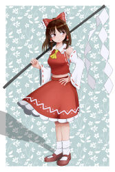 Rule 34 | 1girl, absurdres, ascot, border, bow, brown eyes, brown hair, brown shoes, closed mouth, detached sleeves, floral background, frilled bow, frills, full body, gohei, hair bow, hakurei reimu, hand on own hip, highres, holding, holding gohei, kiyo (tomoki6107), legs together, long sleeves, mary janes, red bow, red skirt, red vest, ribbon-trimmed sleeves, ribbon trim, shoes, skirt, skirt set, smile, socks, solo, standing, touhou, vest, white border, white sleeves, white socks, yellow ascot
