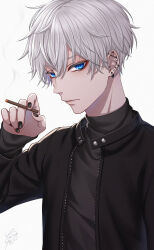 1boy barbell_piercing black_jacket black_nails black_sweater blue_eyes cigarette closed_mouth ear_piercing earrings grey_hair hair_between_eyes highres holding holding_cigarette jacket jewelry long_sleeves looking_at_viewer male_focus nail_polish open_clothes open_jacket original piercing saijou_yurika short_hair signature sleeves_past_wrists smoking solo stud_earrings sweater turtleneck turtleneck_sweater upper_body very_short_hair white_background zipper