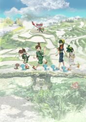 2boys 2girls bag blue_shirt brother_and_sister carmine_(pokemon) closed_mouth cloud corphish creatures_(company) crossed_bangs day e_volution florian_(pokemon) game_freak gen_2_pokemon gen_3_pokemon green_shirt green_shorts hairband highres holding_hands juliana_(pokemon) kieran_(pokemon) multiple_boys multiple_girls nintendo outdoors paldean_wooper pokemon pokemon_(creature) pokemon_sv rice_paddy sandals shirt short_sleeves shorts siblings sky squatting standing strap walking wooper yanma yellow_eyes yellow_hairband